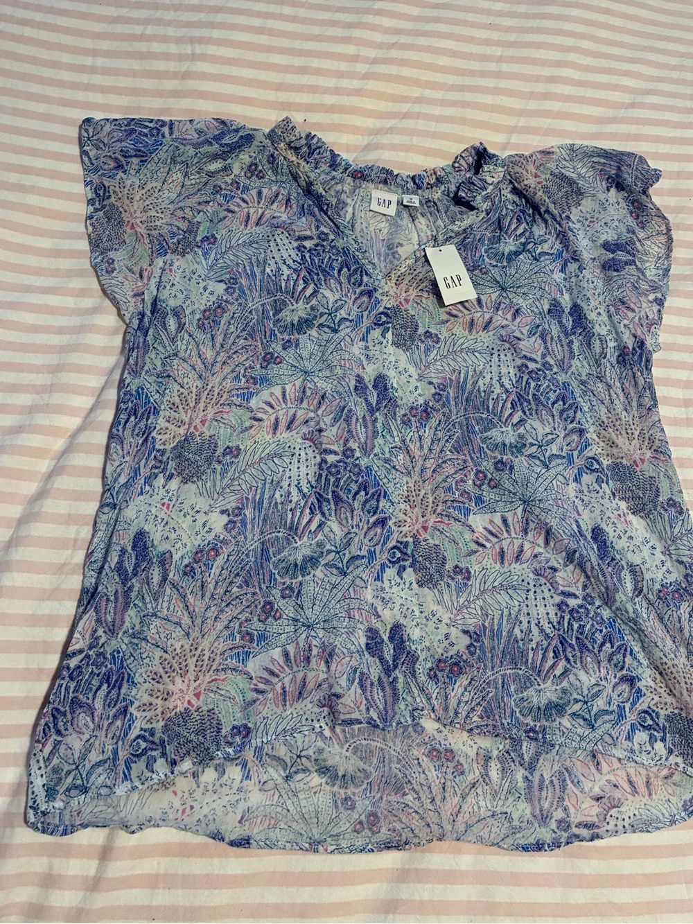 GAP Women's Blue Floral Ruffle Cap-Sleeve Blouse